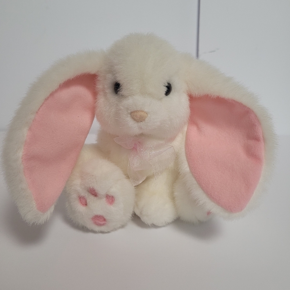 Russ Berrie Powderpuff White & Pink Bunny Rabbit Plush 7"